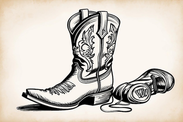 Photo cowboy boot sketch with western wild west inspired drawing