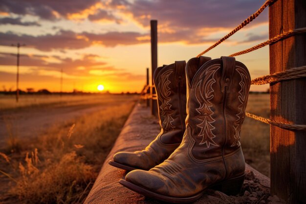 Foto stivali da cowboy a fuoco con un sole sfocato che tramonta dietro