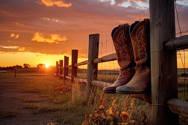 Foto stivali da cowboy appoggiati su una recinzione contro un sole che tramonta