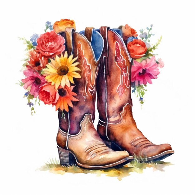 Cowboy boots with flowers and a cowboy hat on a white background generative ai