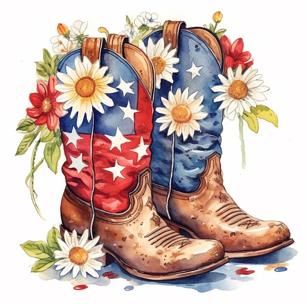 cowboy boots with flowers and daisies on them are painted in watercolor generative ai