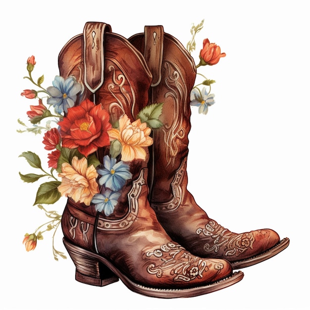 cowboy boots with flowers and leaves on them generative ai
