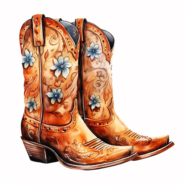 cowboy boots with flowers painted on them are sitting on a white surface generative ai