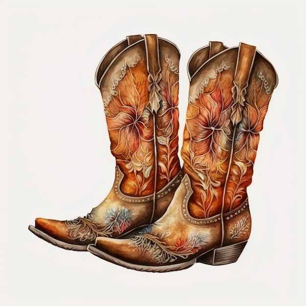 Cowboy boots with flowers painted on them are sitting on a white surface generative ai