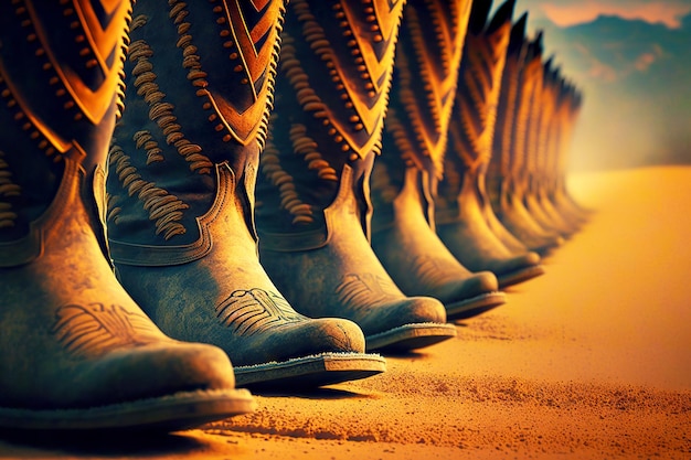 Cowboy boots with high shins stand in rows on sand