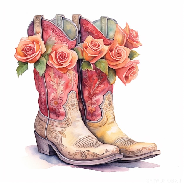 cowboy boots with roses on them are sitting on a white surface generative ai