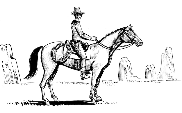 Cowboy die een paard berijdt. inkt zwart-wit tekening