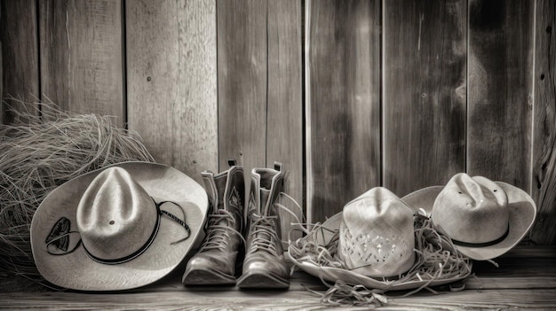 Foto un cappello da cowboy e stivali siedono su un tavolo accanto a una recinzione.