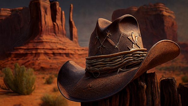 A cowboy hat in a desert with a desert landscape in the background