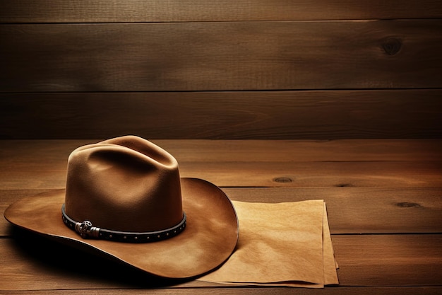 Cowboy hat and old paper wooden background Generative AI