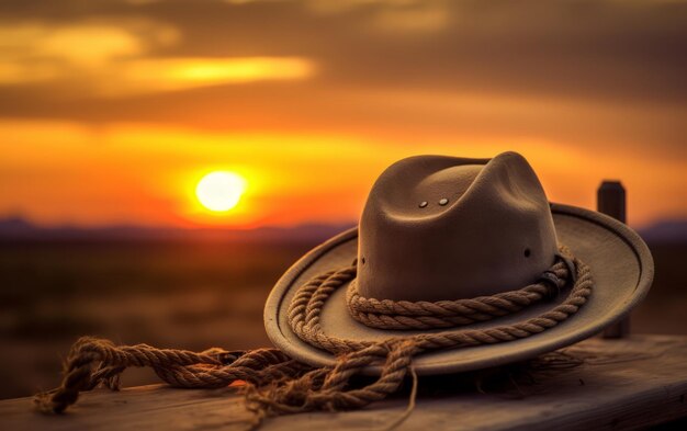 Photo cowboy hat and rope the wild west concept