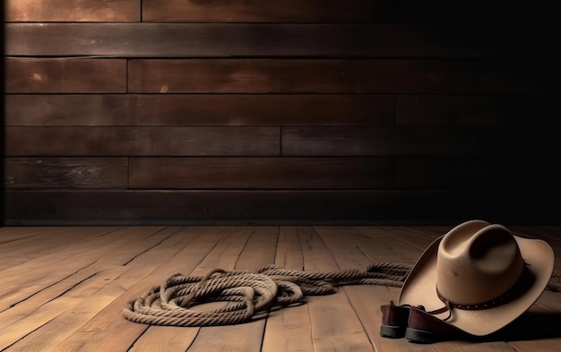 A cowboy hat and rope on a wooden floor