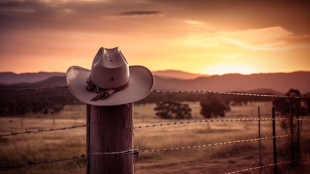 A cowboy hat sits on a fence in front of a sunset.