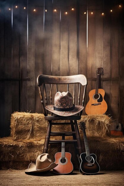 a cowboy hat sits in a rocking chair next to a guitar