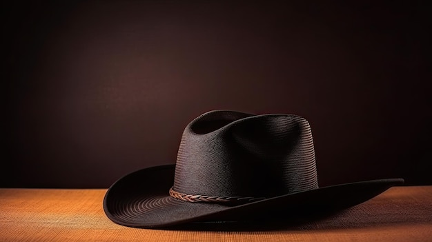 A cowboy hat sits on a table with a dark background.