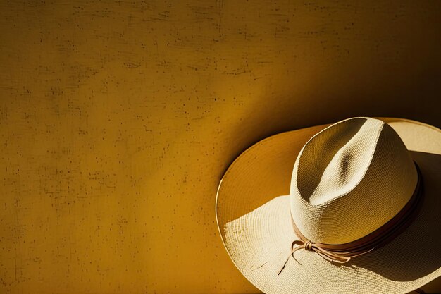 A cowboy hat sits on a yellow background