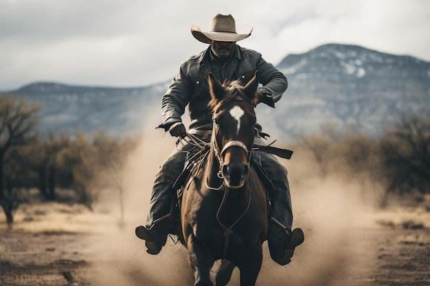 A Cowboy Hat Wearing Man on Horseback Generative AI