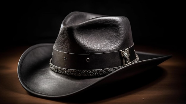 A cowboy hat with a leather band and silver