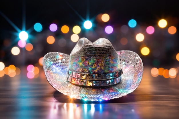 A cowboy hat with lights in the background