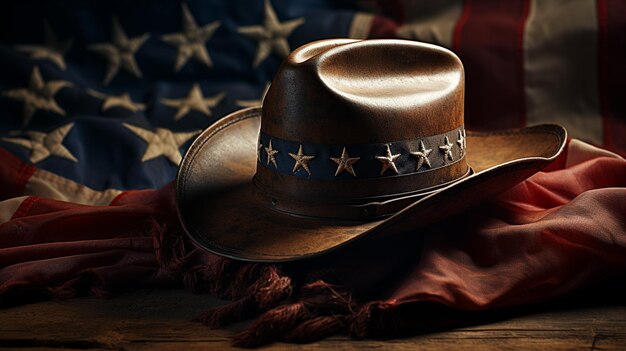 Foto cappello da cowboy con stelle su una bandiera drappeggiata in rosso ai generativa
