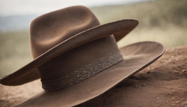 Cowboy hat on a wooden table in the countryside Selective focus