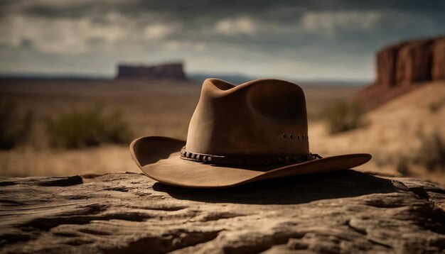 Foto cappello da cowboy su un tavolo di legno in campagna focalizzazione selettiva