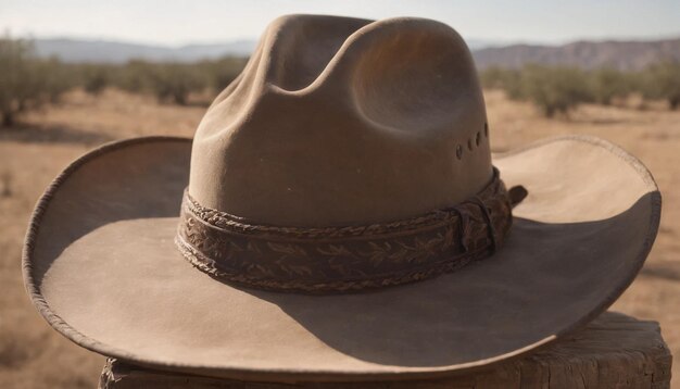 Foto cappello da cowboy su un tavolo di legno in campagna focalizzazione selettiva