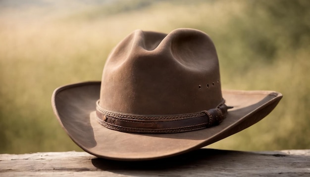 Foto cappello da cowboy su un tavolo di legno in campagna focalizzazione selettiva