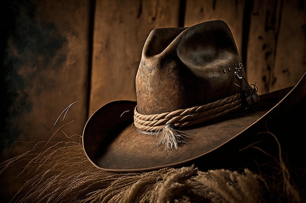 Cowboy hat on a wooden table. Vintage style in dark brown leather colors