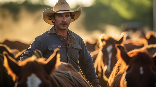 Cowboy herding cattle a farm