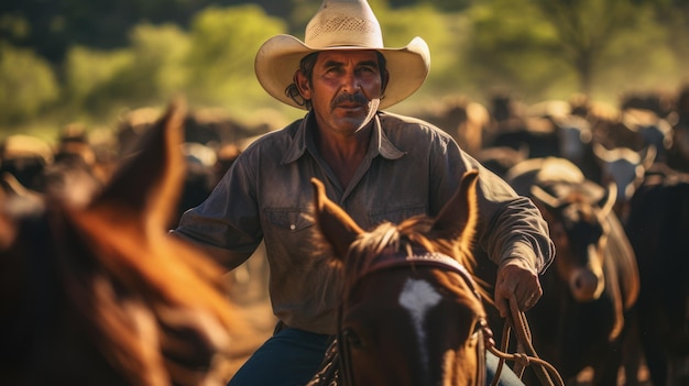 Cowboy herding cattle a farm