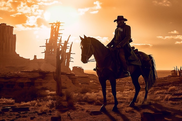 A cowboy on a horse in a desert with a sunset in the background