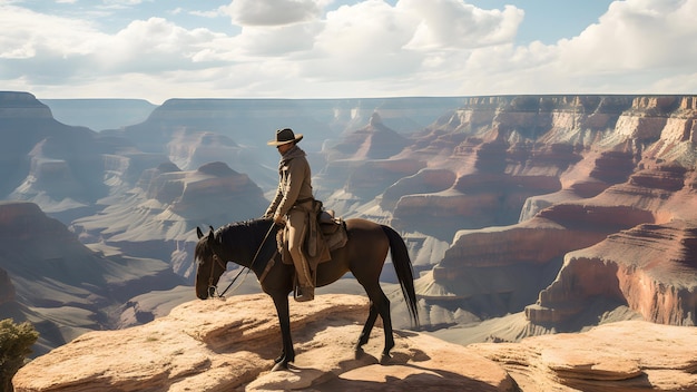 Нейронная сеть ковбоя на лошади на краю гранд-каньона создала фотореалистичное изображение