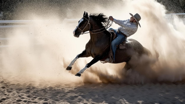 A cowboy on a horse is riding in the dust