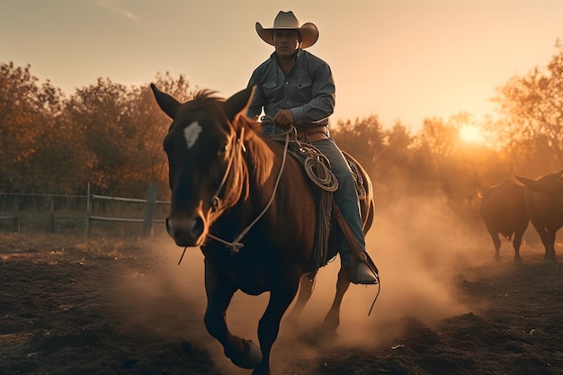 Cowboy on horse lassoing bull neural network ai generated