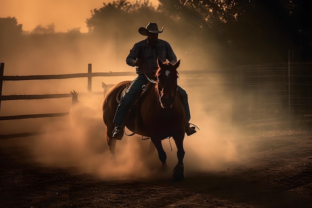 Cowboy on horse lassoing bull neural network ai generated