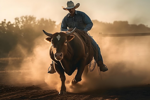 Cowboy on horse lassoing bull Neural network AI generated