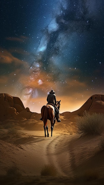 A cowboy on a horse looking at a galaxy in the sky