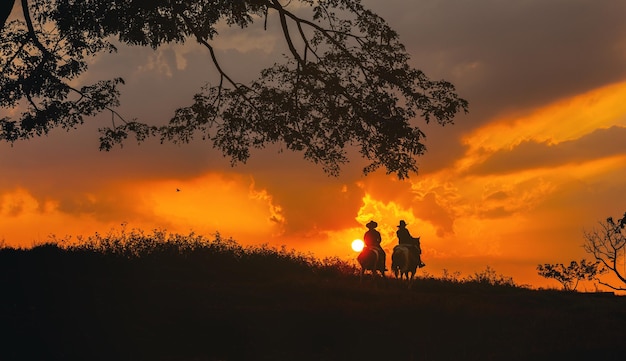 Cowboy a cavallo stagliano contro un grande albero