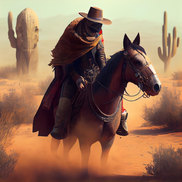 Cowboy on horseback in the desert 3d illustration