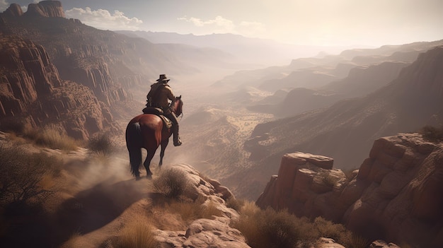 Photo cowboy on horseback landscape with canyons wild west concept generative ai