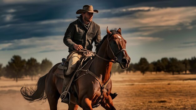 Cowboy on horseback ranch