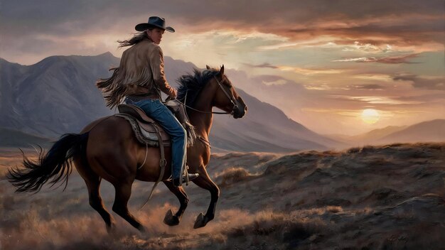 Ковбой на лошади с видом на горы и закат