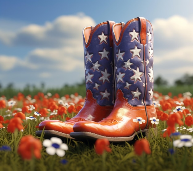 cowboy laarzen in een veld van bloemen met een blauwe hemel op de achtergrond generatieve ai