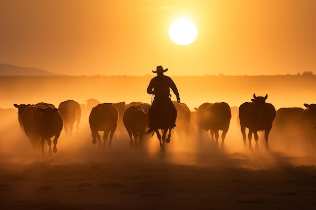 Фото cowboy leading a herd of cattle across a wideopen prairie generative ai