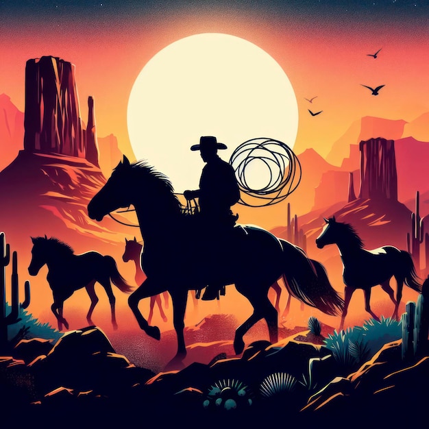 A cowboy leading a group of horses at sunset ai generative