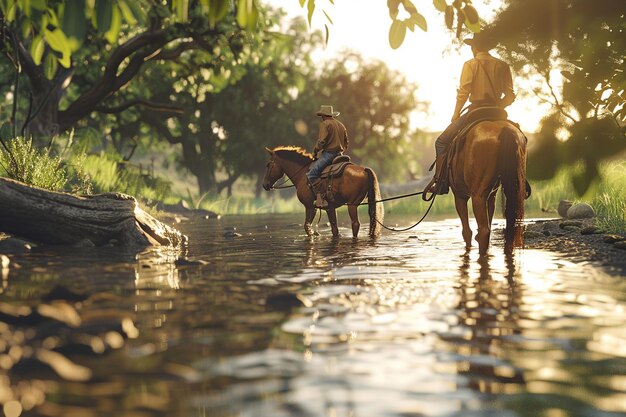 Cowboy leading his horse through a shallow river c