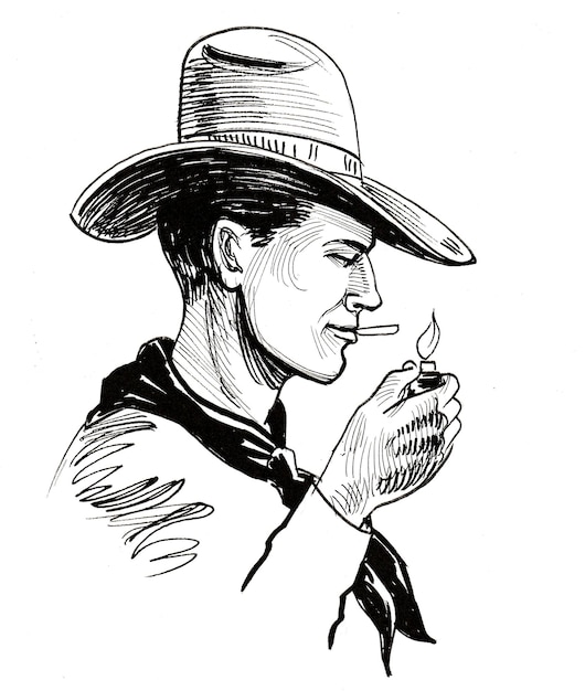 Cowboy lighting a cigarette. Ink black and white drawing