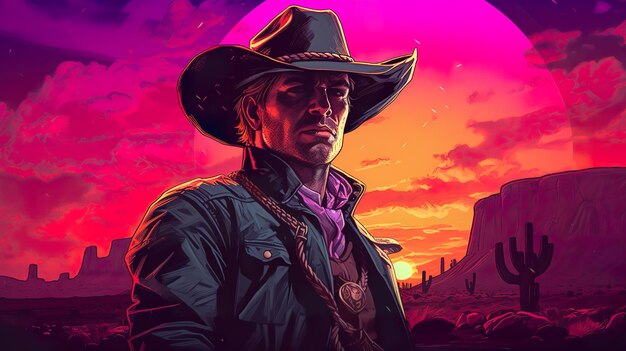 Cowboy on lookout for danger Synthwave 80s ai generate