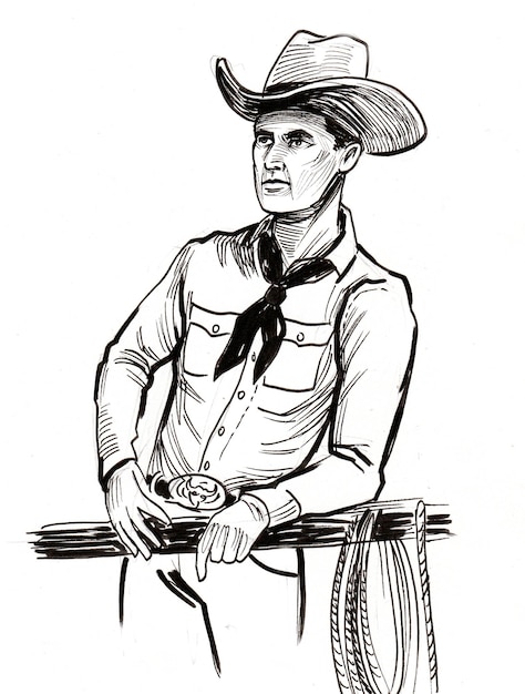 Cowboy met lasso. Inkt zwart-wit tekening